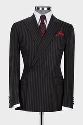 Formal Black Striped Peaked Lapel Business Suit
