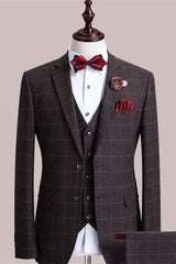 Formal Brown Plaid 3 Piece Men's Business Suit