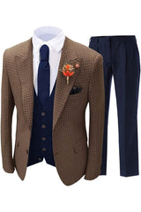 Formal Brown Plaid Peaked Lapel 3 Piece Business Suit
