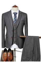 Formal Gray Striped Notched Lapel 3 Piece Business Suit