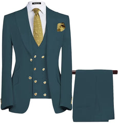 Formal Teal Peaked Lapel 3 Piece Business Men's Suit