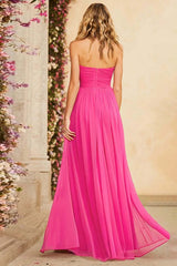 Fuchsia A Line Halter Ruched Keyhole Long Chiffon Prom Dress With Slit