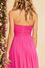 Fuchsia A Line Halter Ruched Keyhole Long Chiffon Prom Dress With Slit