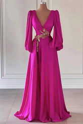 Fuchsia A Line Prom Dress Long Sleeve V Neck Beaded Evening Dress