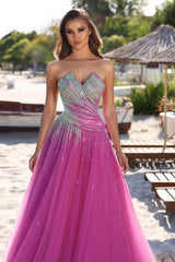 Fuchsia A Line Prom Dress Sleeveless Sweetheart Beaded Evening Dress
