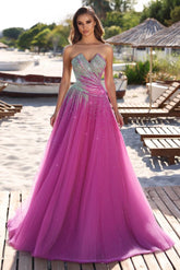 Fuchsia A Line Prom Dress Sleeveless Sweetheart Beaded Evening Dress