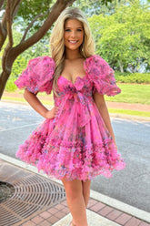 Fuchsia A-Line Puff Sleeves Sweetheart Floral Short Graduation Dress