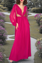 Fuchsia Chiffon Evening Dress Long Sleeves V Neck Formal Dress