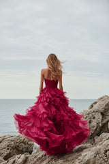 Fuchsia Wedding Guest Dress Organza Strapless Long Ball Gown Evening Dress With Ruffles