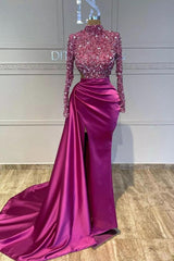 Fuchsia Mermaid Prom Dress Long Sleeve High Neck Satin Sequined Evening Dress