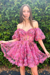 Fuchsia Off-the-Shoulder A-Line Printed Short Graduation Dress