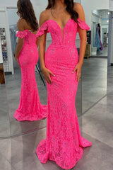 Fuchsia Off the Shoulder Prom Dress Mermaid Lace Sequin Evening Dress