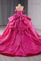 Fuchsia Off the Shoulder Wedding Dress Ball Gown Sequin Evening Dress
