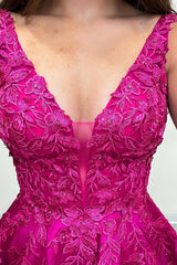 Fuchsia Prom Dress A Line Appliqued Satin Long Formal Dress With Pockets