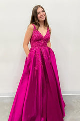 Fuchsia Prom Dress A Line Appliqued Satin Long Formal Dress With Pockets