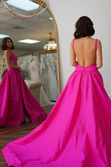 Fuchsia Prom Dress A Line Backless Long Formal Dress With Slit