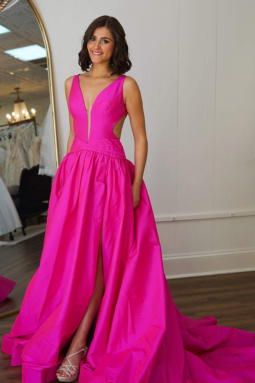 Fuchsia Prom Dress A Line Backless Long Formal Dress With Slit