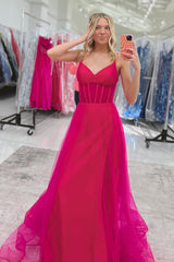 Fuchsia Prom Dress A Line Corset Spaghetti Straps Long Tulle Formal Dress
