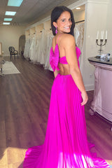 Fuchsia Prom Dress A Line Halter Neck Pleated Long Formal Dress