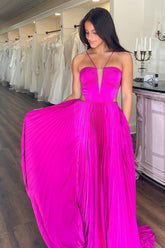 Fuchsia Prom Dress A Line Halter Neck Pleated Long Formal Dress