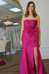 Fuchsia Prom Dress A Line Strapless Long Formal Dress With Slit