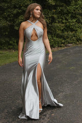 Fuchsia Prom Dress Halter Mermaid Hollow Out Evening Dress with Slit