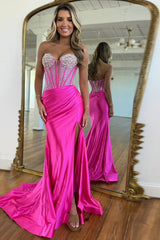 Fuchsia Prom Dress Mermaid Long Satin Formal Dress With Slit