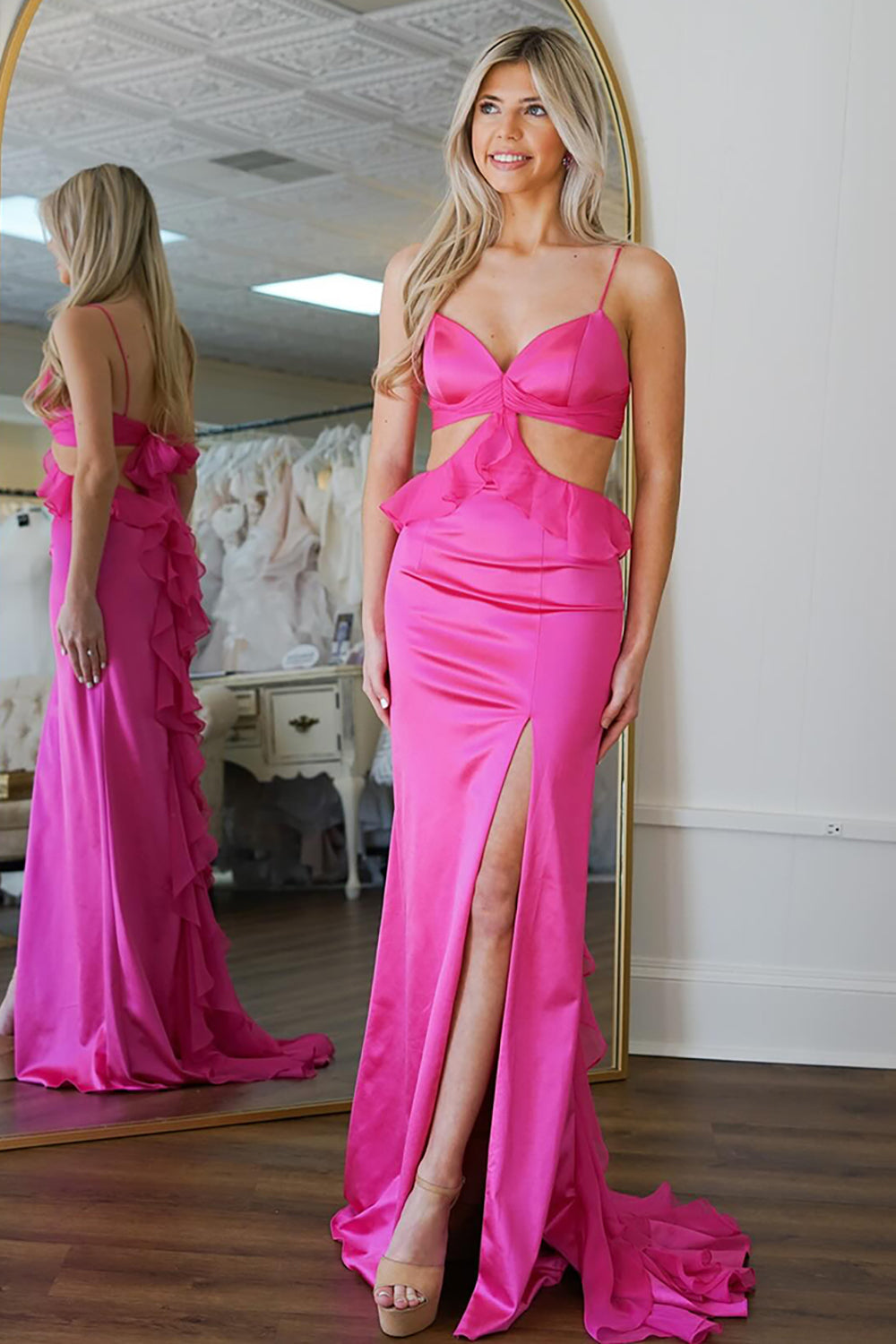 Fuchsia Prom Dress Mermaid Ruffled Satin Long Formal Dress With Slit