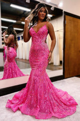 Fuchsia Prom Dress Mermaid Sequins Long Backless Formal Dress