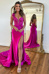 Fuchsia Prom Dress One Shoulder Mermaid Satin Long Evening Dress with Slit