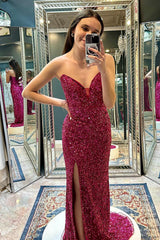 Fuchsia Prom Dress Sequined Mermaid Strapless Long Evening Dress With Slit