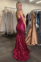 Fuchsia Prom Dress Sequined Sweetheart Long Evening Dress