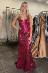 Fuchsia Prom Dress Sequined Sweetheart Long Evening Dress