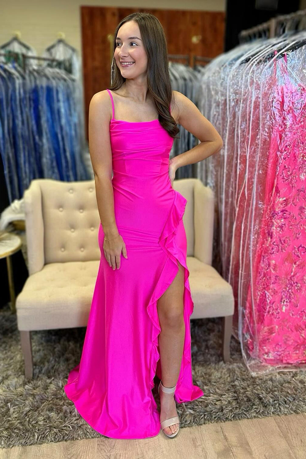 Fuchsia Prom Dress Spaghetti Straps A Line Formal Dress With Slit