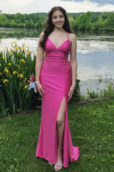 Fuchsia Prom Dress Spaghetti Straps Mermaid Satin Long Evening Dress With Slit