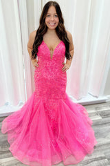 Fuchsia Prom Dress Tiered Mermaid Long Formal Dress With Appliques