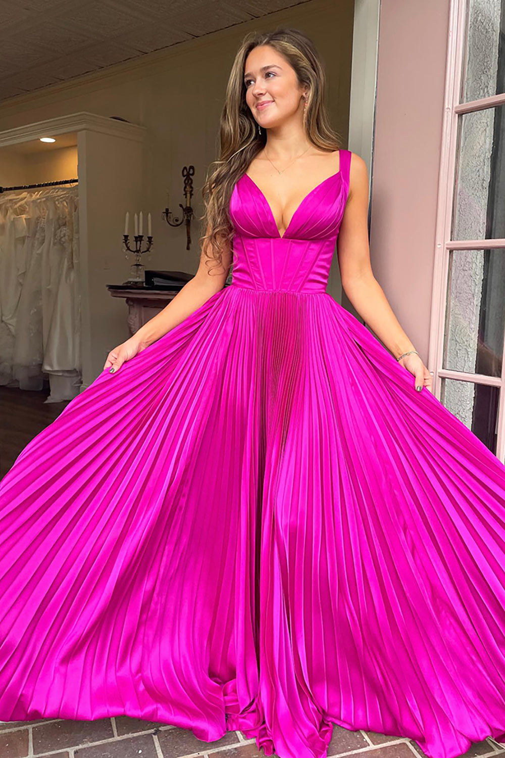 Fuchsia Prom Dress V-Neck A Line Corset Pleated Long Formal Dress