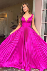 Fuchsia Prom Dress V-Neck A Line Corset Pleated Long Formal Dress