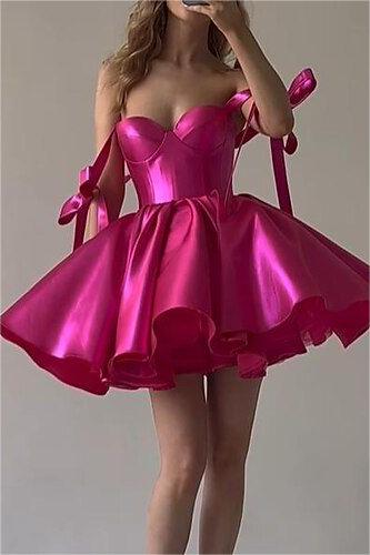 Fuchsia Satin Graduation Dress Sweetheart Sleeveless Short Cocktail Dress With Ruffles