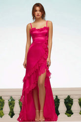 Fuchsia Satin Sheath Spaghetti Straps Long Prom Dress With Ruffles