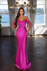 Fuchsia Spaghetti Strap Evening Dress with Pleated Tassel Sequins