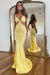 Fuchsia Spaghetti Straps Mermaid Hollow Out Satin Prom Dress