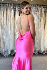 Fuchsia Spaghetti Straps Prom Dress Mermaid Satin Long Evening Dress with Open Back