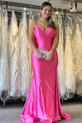 Fuchsia Spaghetti Straps Prom Dress Mermaid Satin Long Evening Dress with Open Back