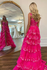 Fuchsia Tiered Long Lace Prom Dress with Slit