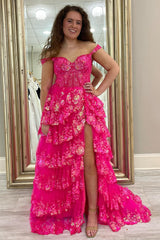 Fuchsia Tiered Long Lace Prom Dress with Slit