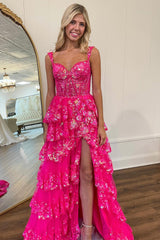 Fuchsia Tiered Long Lace Prom Dress with Slit