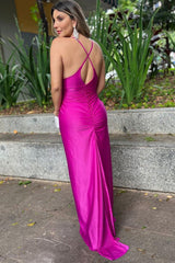 Fuchsia V-Neck Cocktail Dress Spaghetti Straps Ruche Long Wedding Guest Dress
