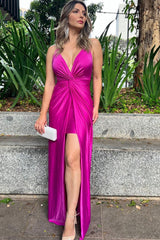 Fuchsia V-Neck Cocktail Dress Spaghetti Straps Ruche Long Wedding Guest Dress
