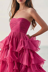 Fuchsia Wedding Guest Dress Chiffon Strapless Long Ball Gown Evening Dress With Ruffles